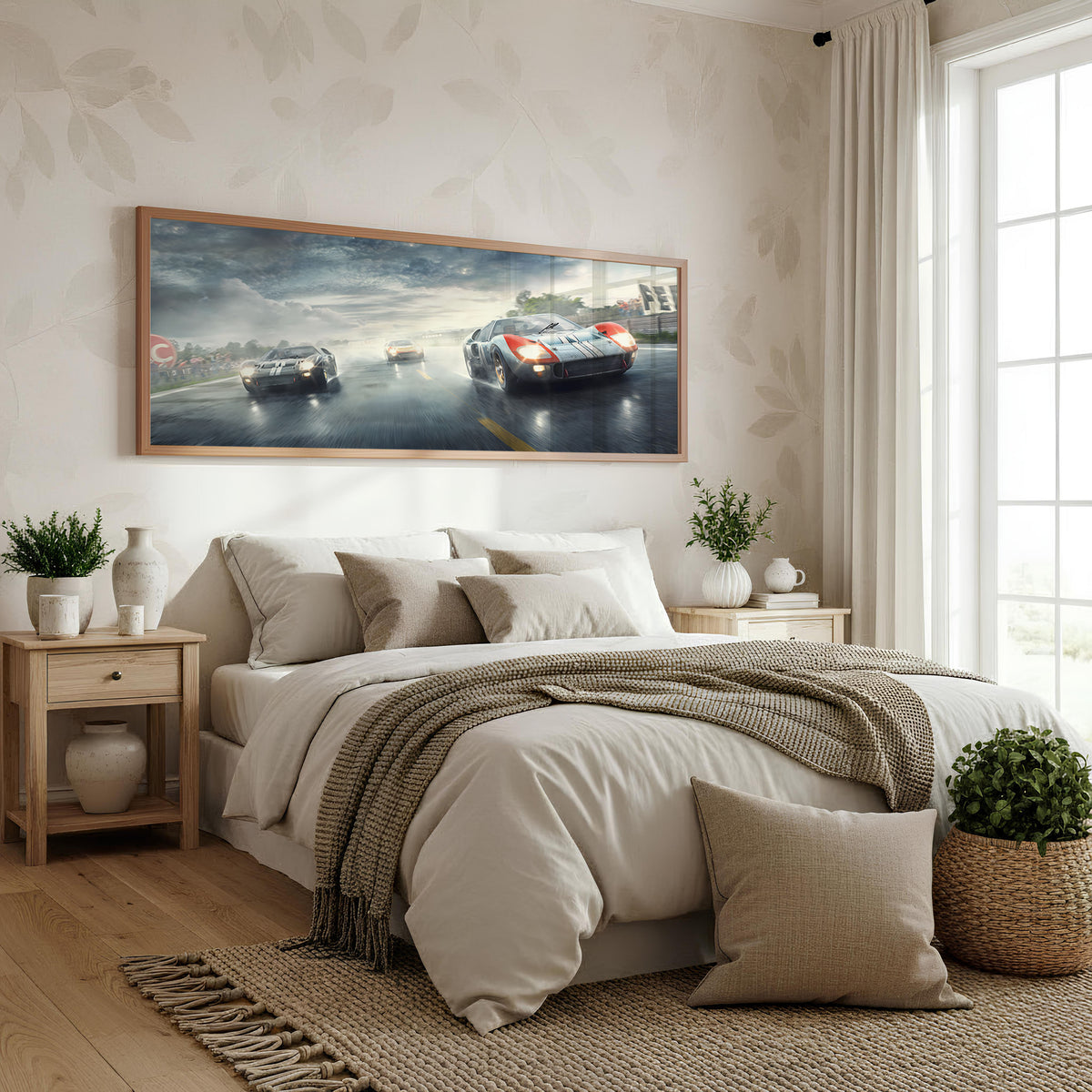 Rain Battle panoramic racing wall art shown in a bedroom