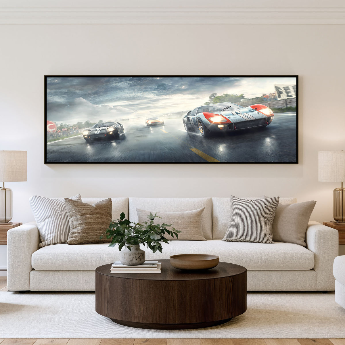 Rain Battle panoramic racing wall art shown in a living room