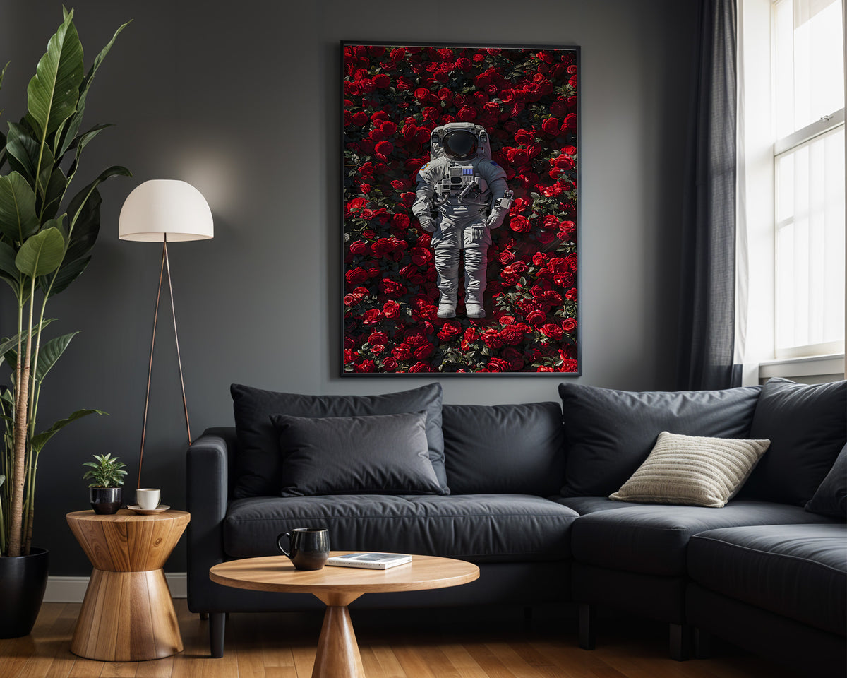 Red Grid Explorer space wall art – dark lounge view