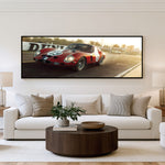 Red Heritage Racer panoramic car wall art shown in a living room