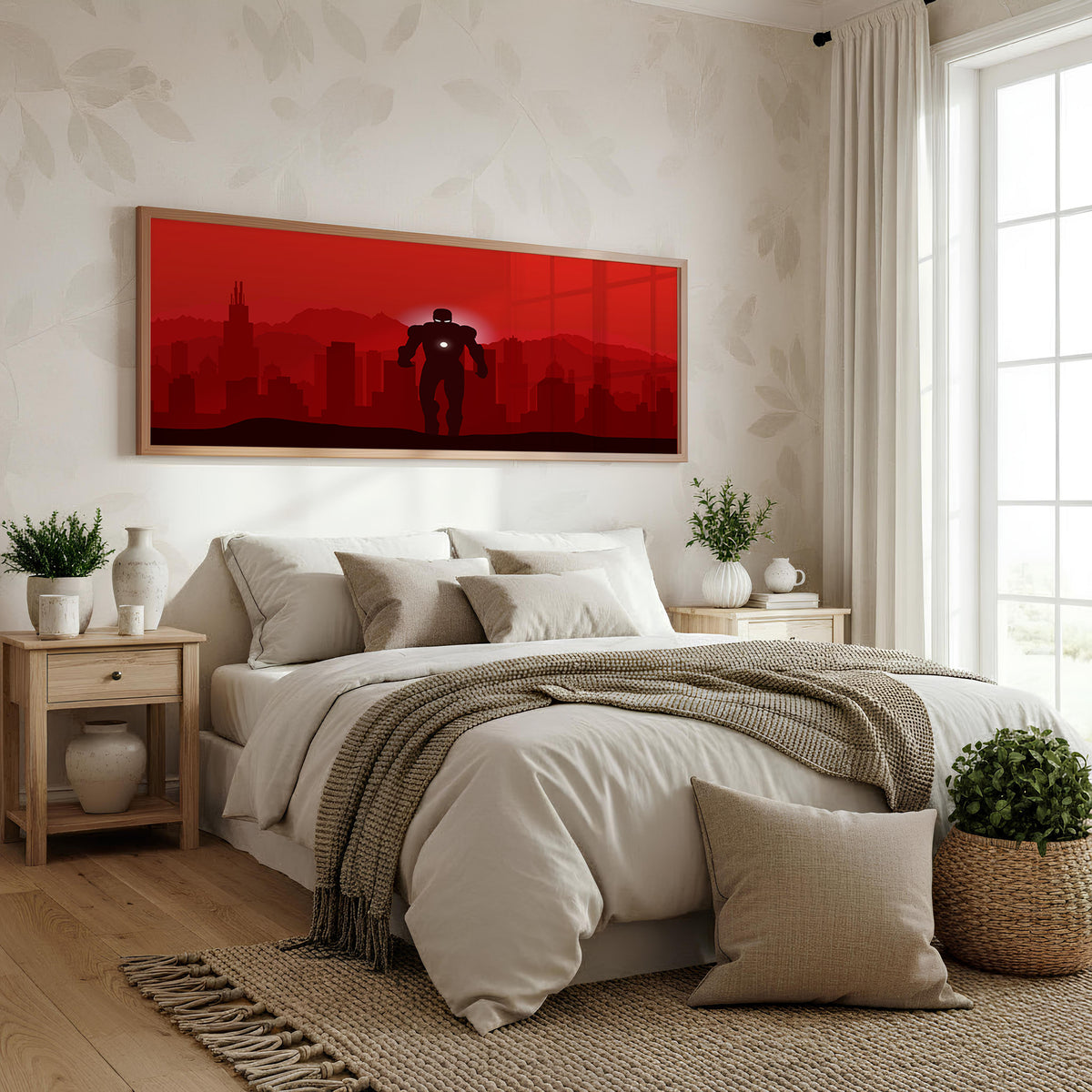 Iron Man Crimson Skyline Panoramic Wall Art shown in a bedroom
