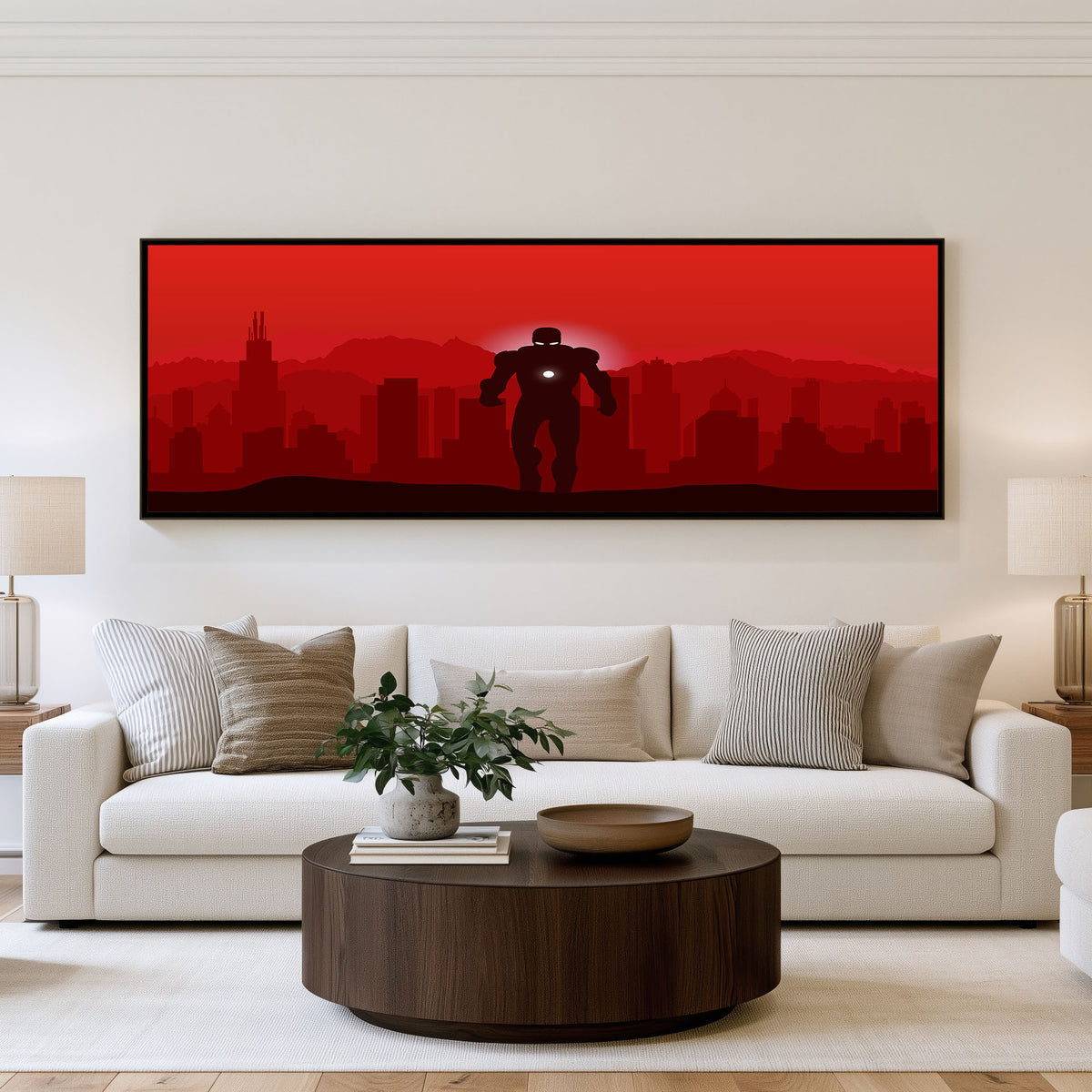 Iron Man Crimson Skyline Panoramic Wall Art shown in a living room