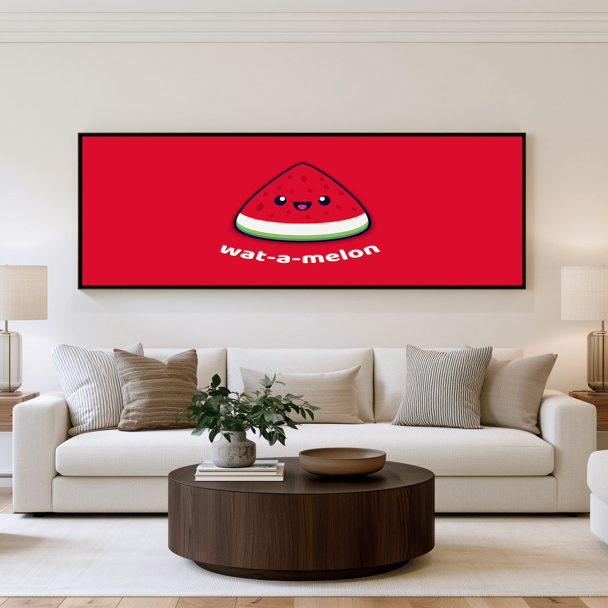 Watermelon Smile Panoramic Wall Art shown in a living room