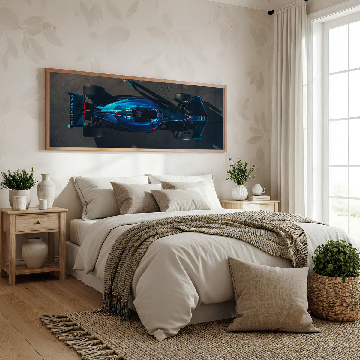 Redline Panoramic Formula 1 Wall Art shown in a bedroom