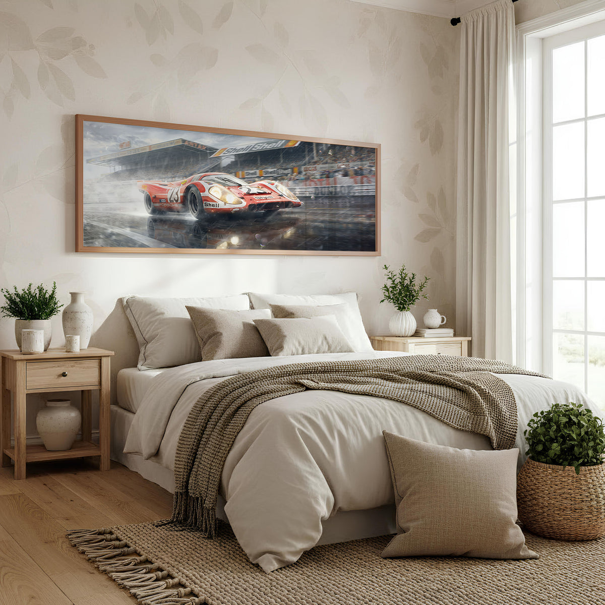 Redline Rain racing panoramic wall art shown in a bedroom