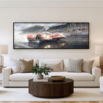 Redline Rain racing panoramic wall art shown in a living room