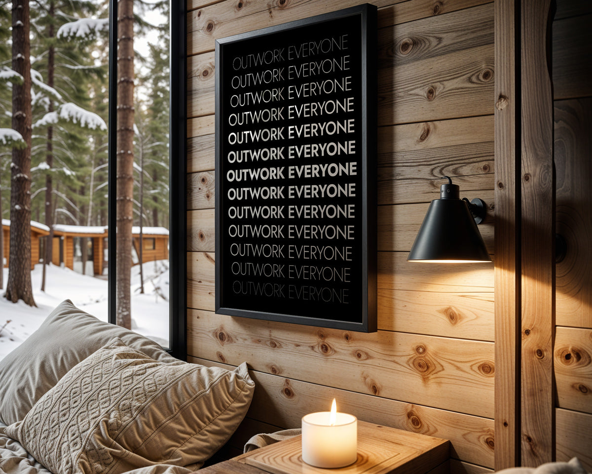 Relentless Outwork motivational wall art – main room view