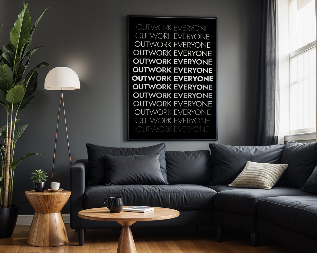 Relentless Outwork motivational wall art – alternate room view