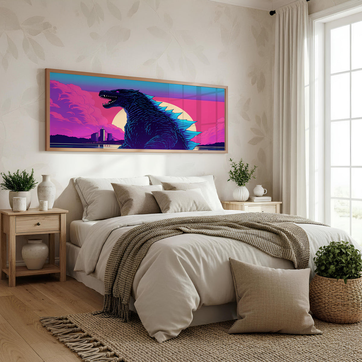 Retro Kaiju Panoramic Wall Art shown in a bedroom