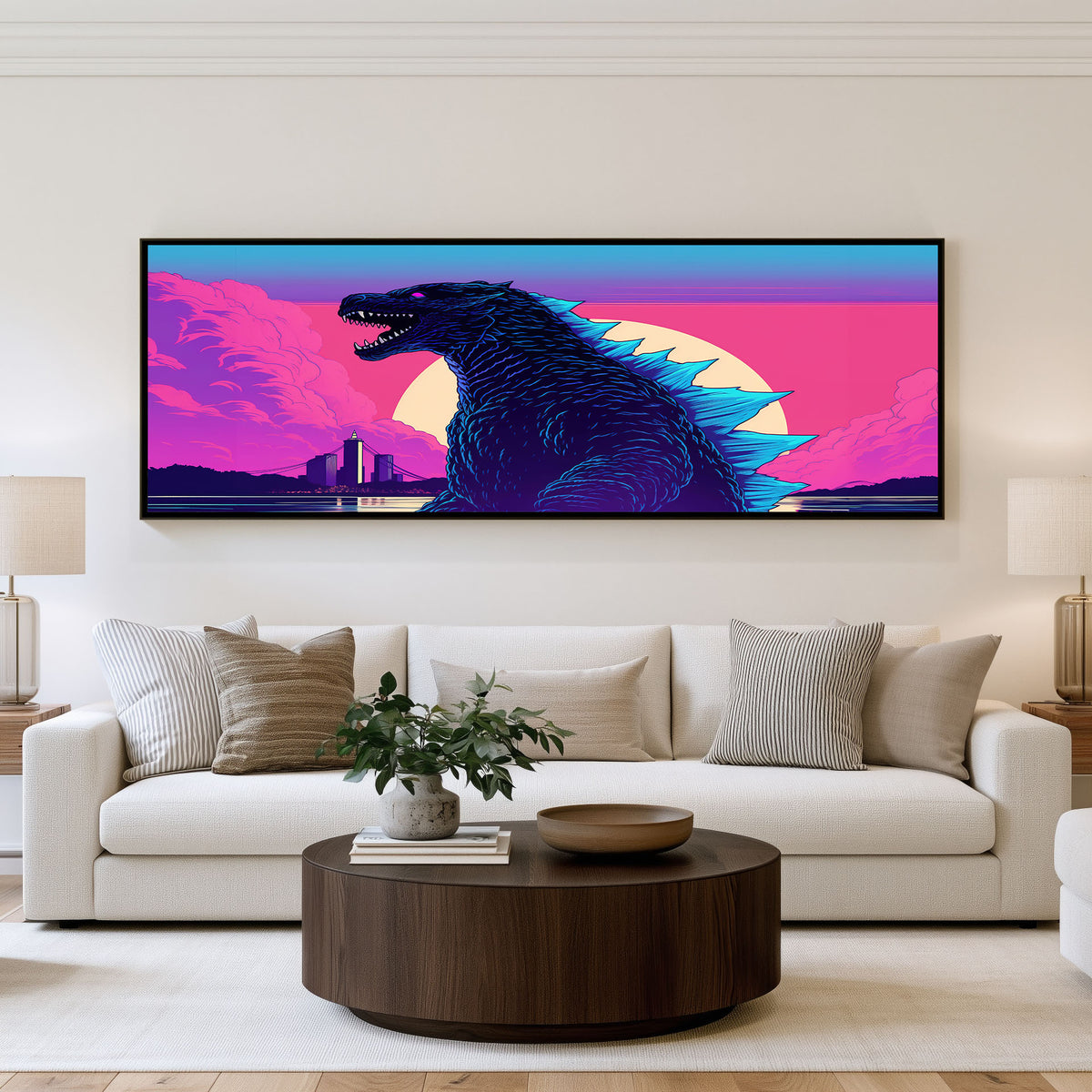 Retro Kaiju Panoramic Wall Art shown in a living room