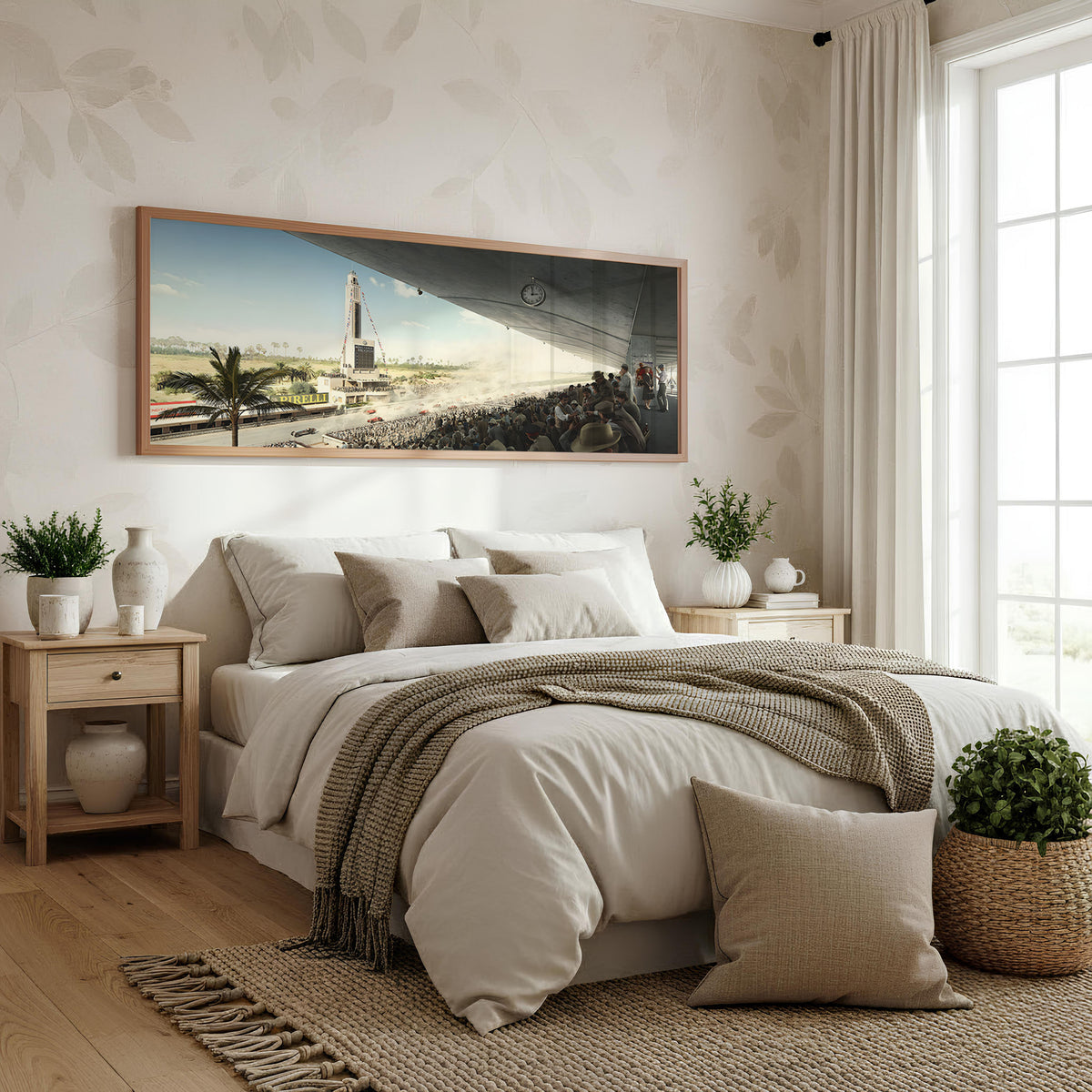 Silver Arrow Grandstand Panoramic Car Wall Art shown in a bedroom
