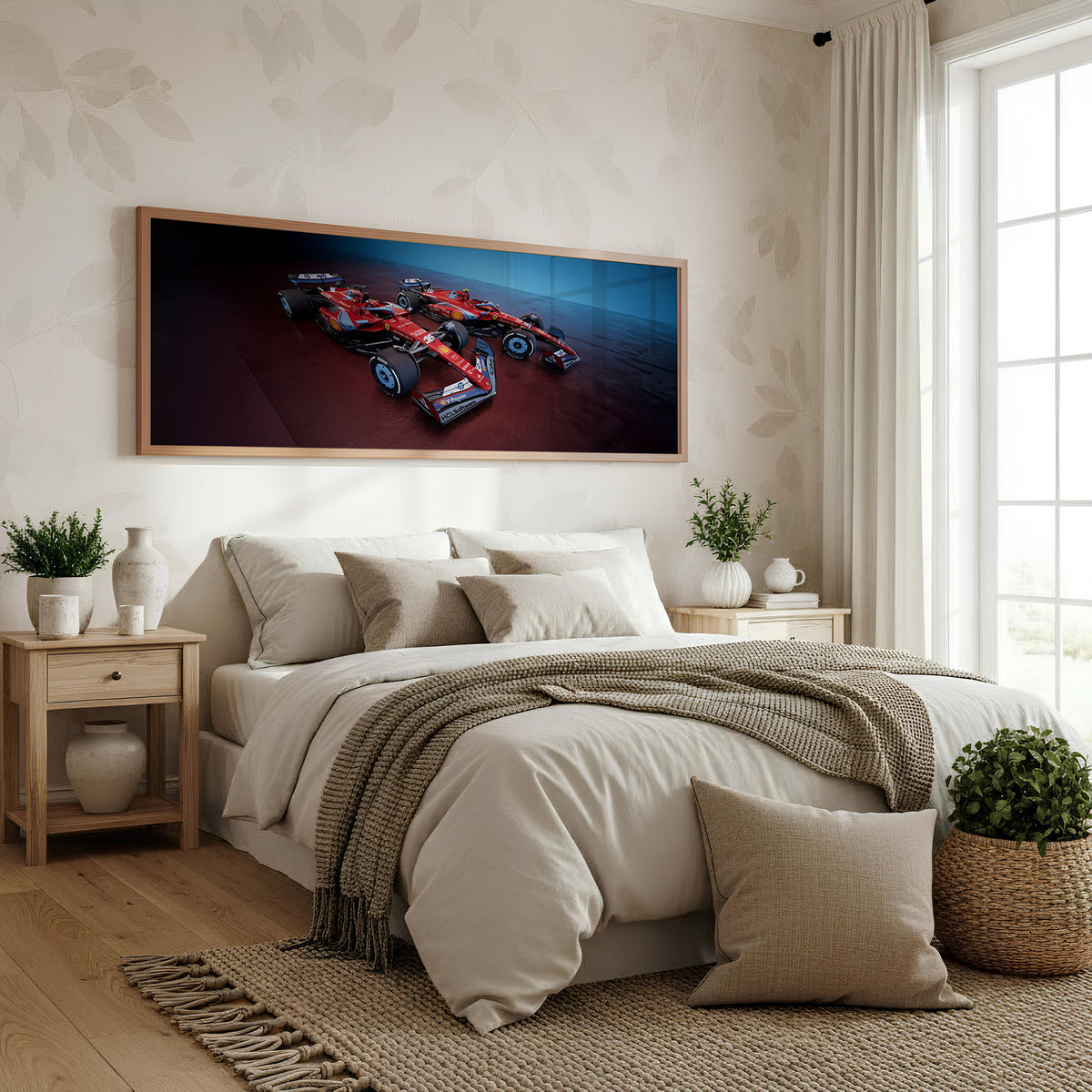 Rush Panoramic Formula 1 Wall Art shown in a bedroom