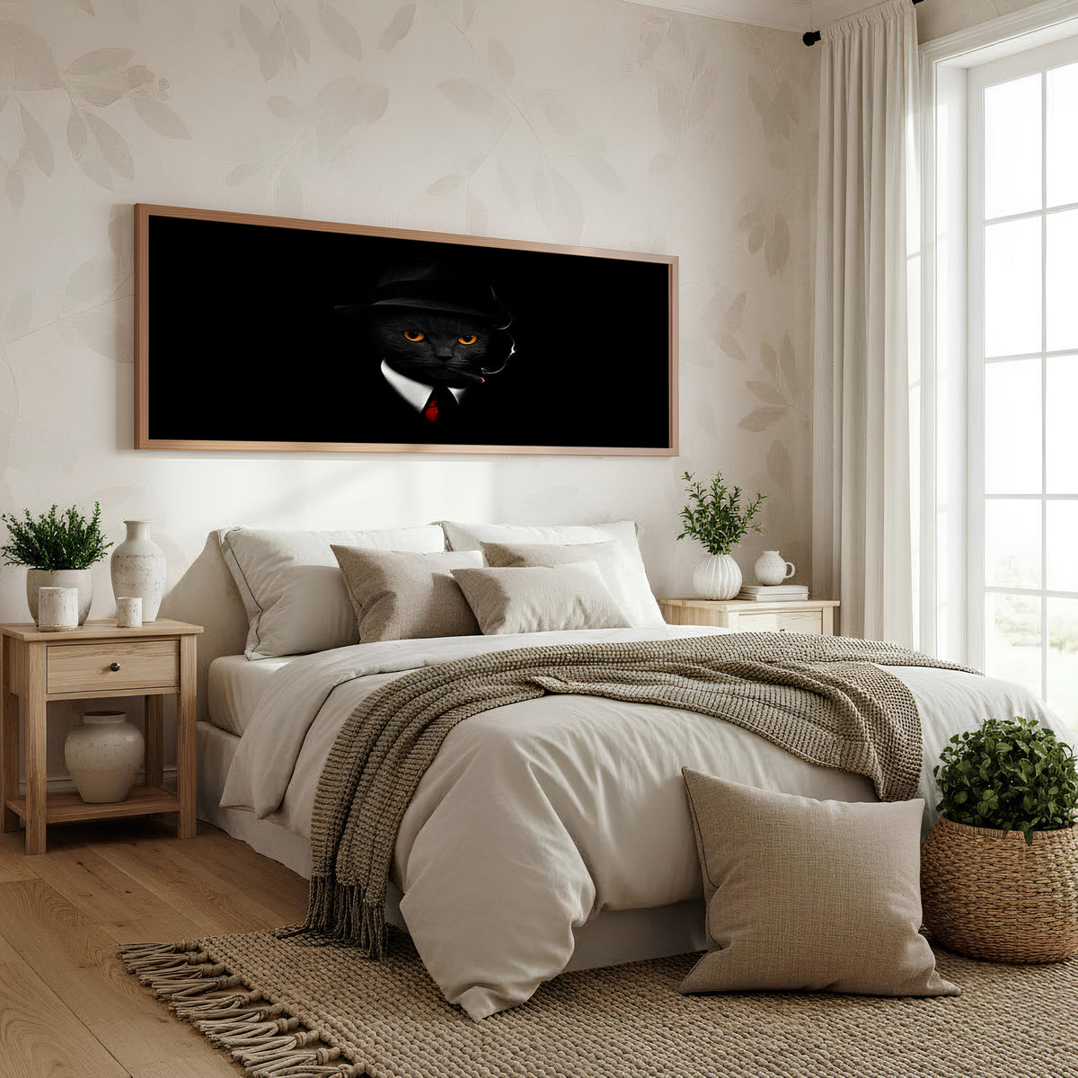 Midnight Cat Gentleman Panoramic Wall Art shown in a bedroom