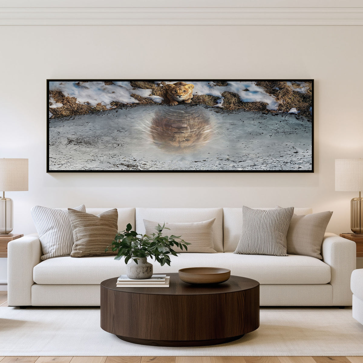 Lion at the Waterhole Panoramic Wall Art shown in a living room