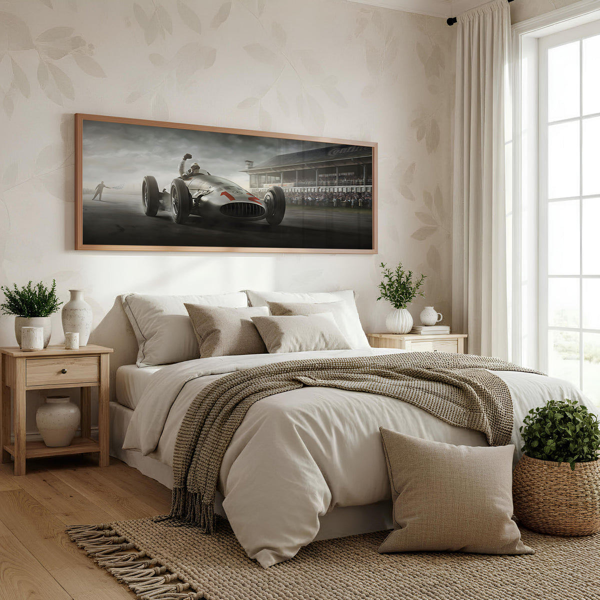 Silver Arrow Racing panoramic wall art shown in a bedroom