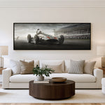 Silver Arrow Racing panoramic wall art shown in a living room