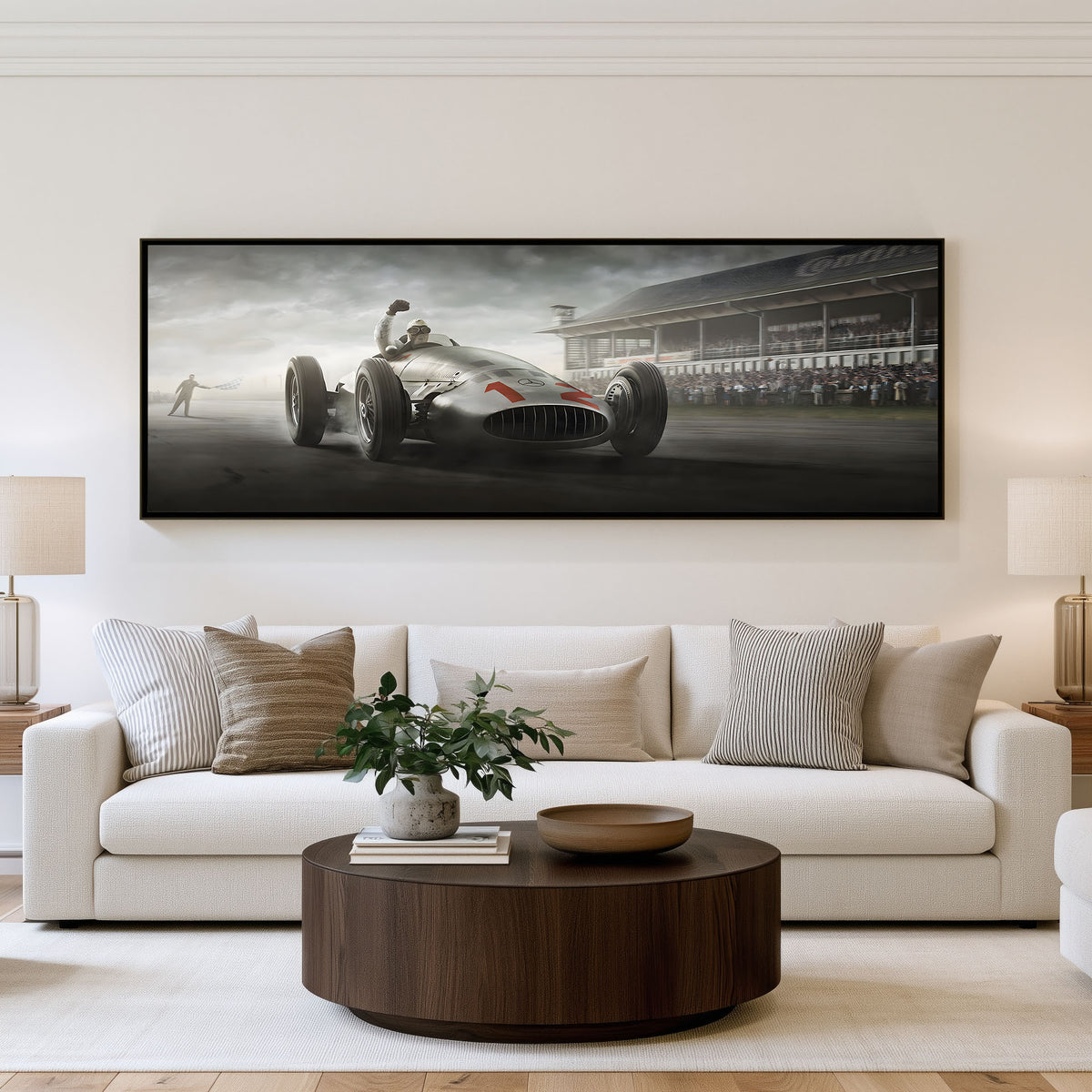 Silver Arrow Racing panoramic wall art shown in a living room
