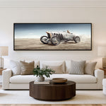Silver Sprint vintage racing panoramic wall art shown in a living room