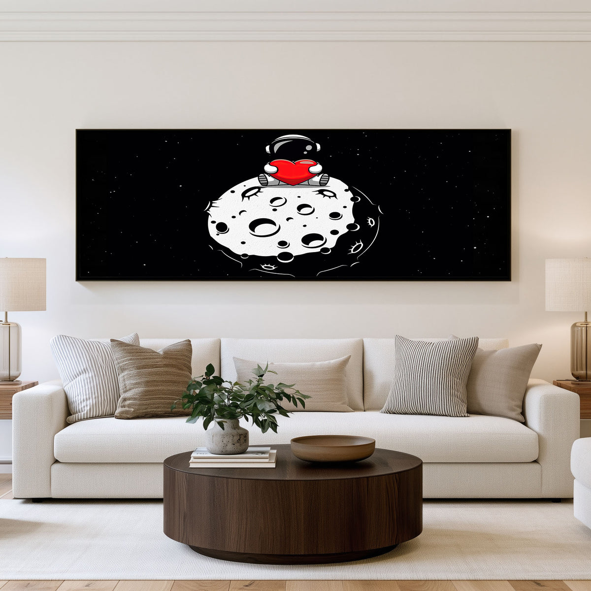Mickey Moon Landing Panoramic Wall Art shown in a living room