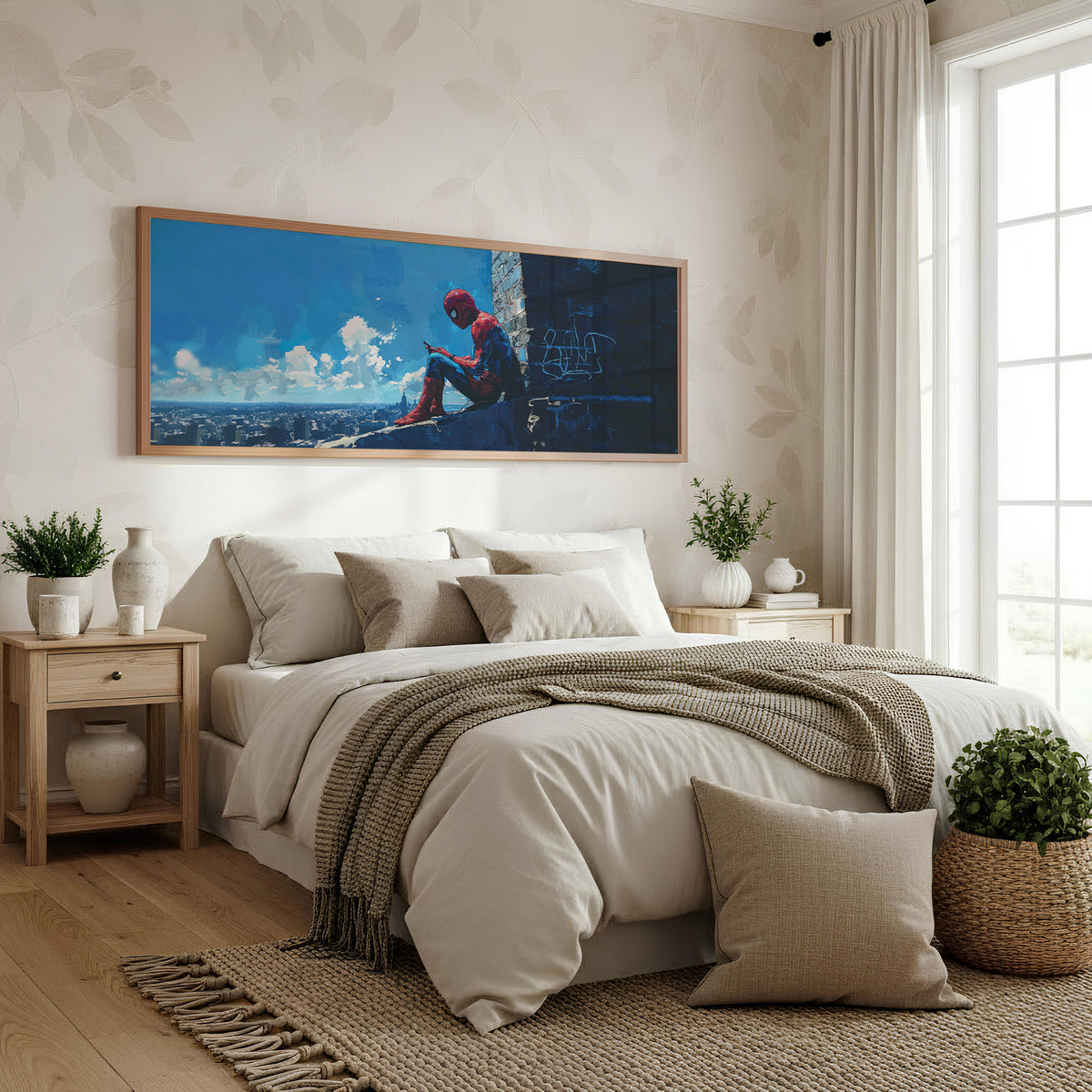 Spider-Man Rooftop Pause Panoramic Wall Art shown in a bedroom
