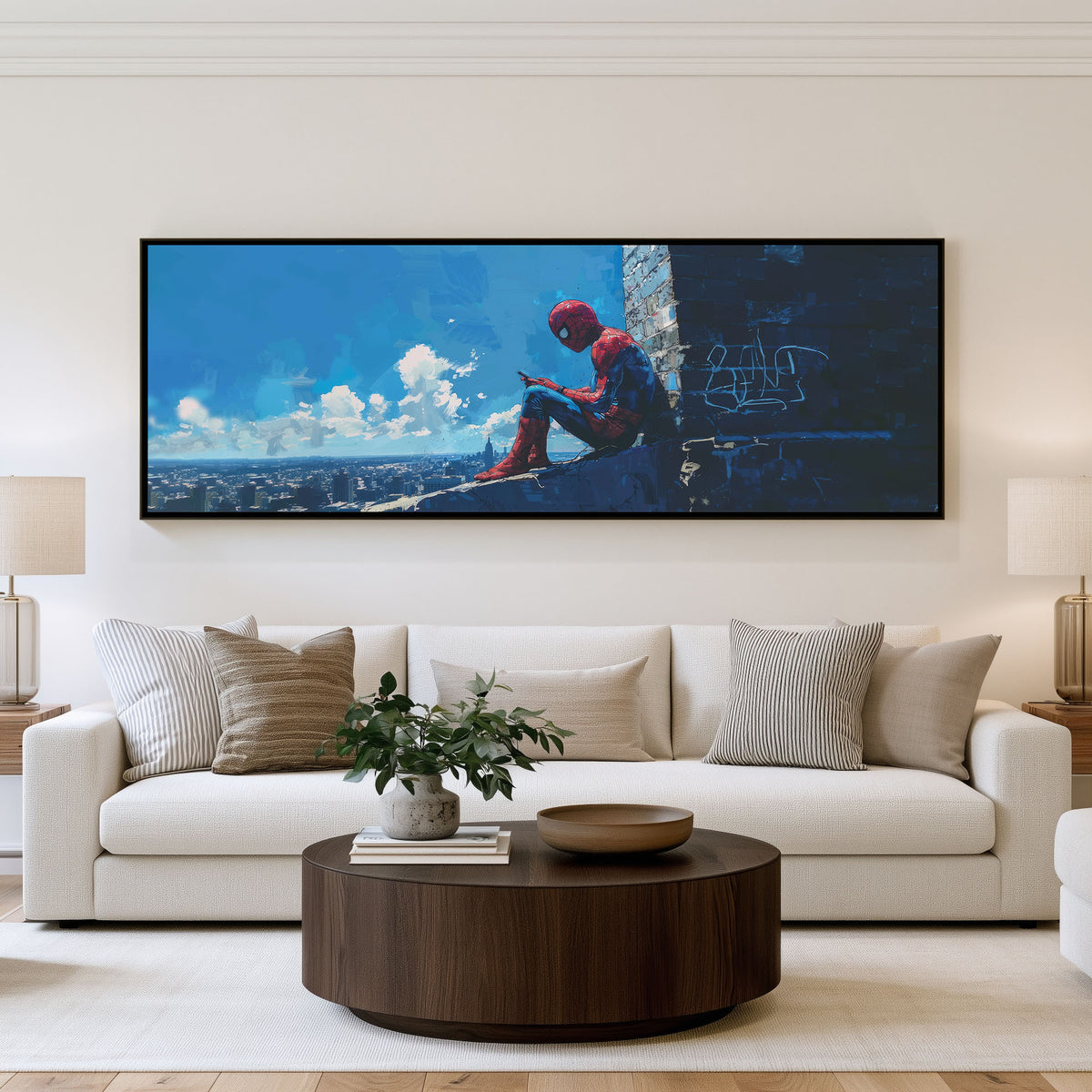 Spider-Man Rooftop Pause Panoramic Wall Art shown in a living room
