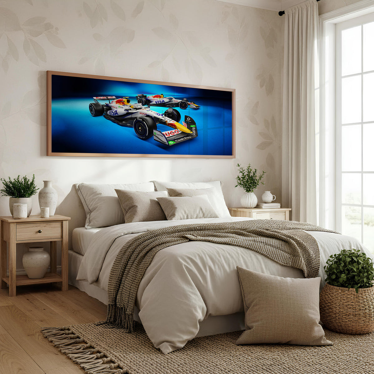 Slip Angle Panoramic Formula 1 Wall Art shown in a bedroom