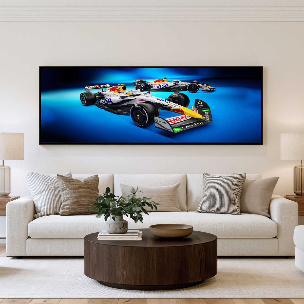 Slip Angle Panoramic Formula 1 Wall Art shown in a living room