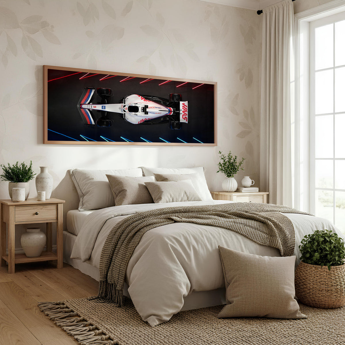Slipstream Panoramic Formula 1 Wall Art shown in a bedroom
