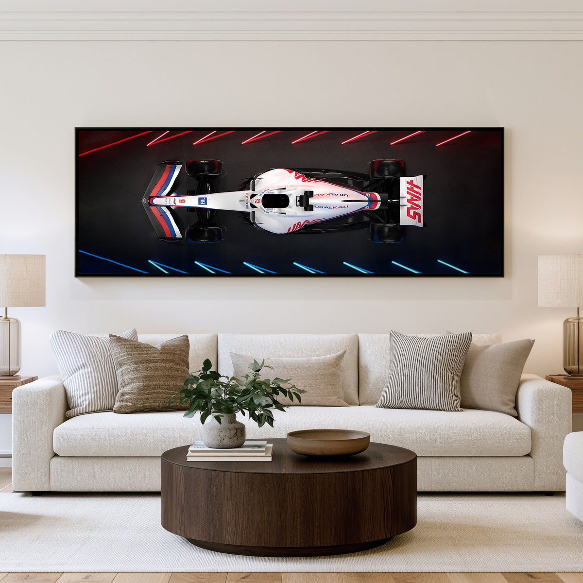 Slipstream Panoramic Formula 1 Wall Art shown in a living room
