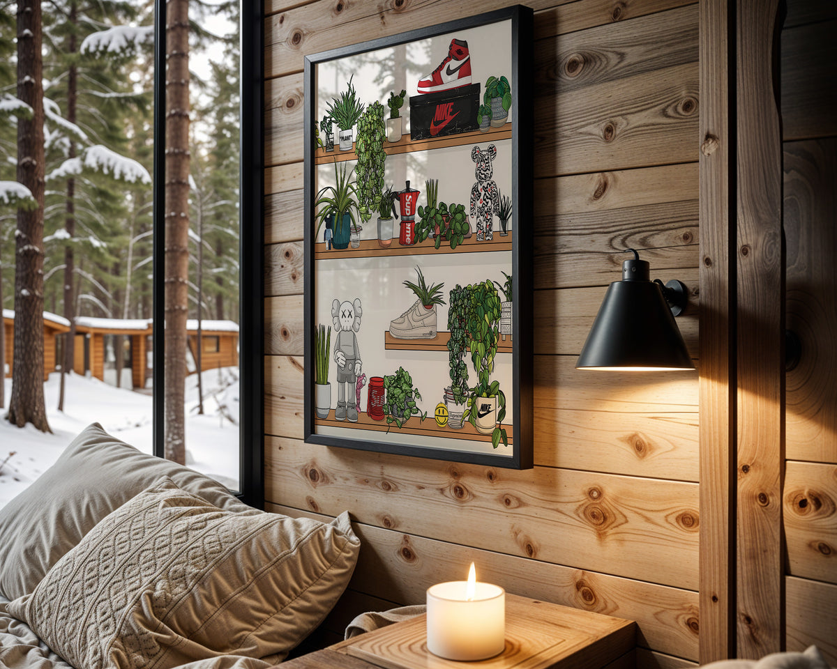 Sneaker Garden wall art in cabin interior