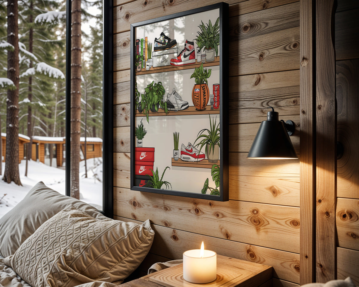 Sneaker Shelf wall art in cabin interior