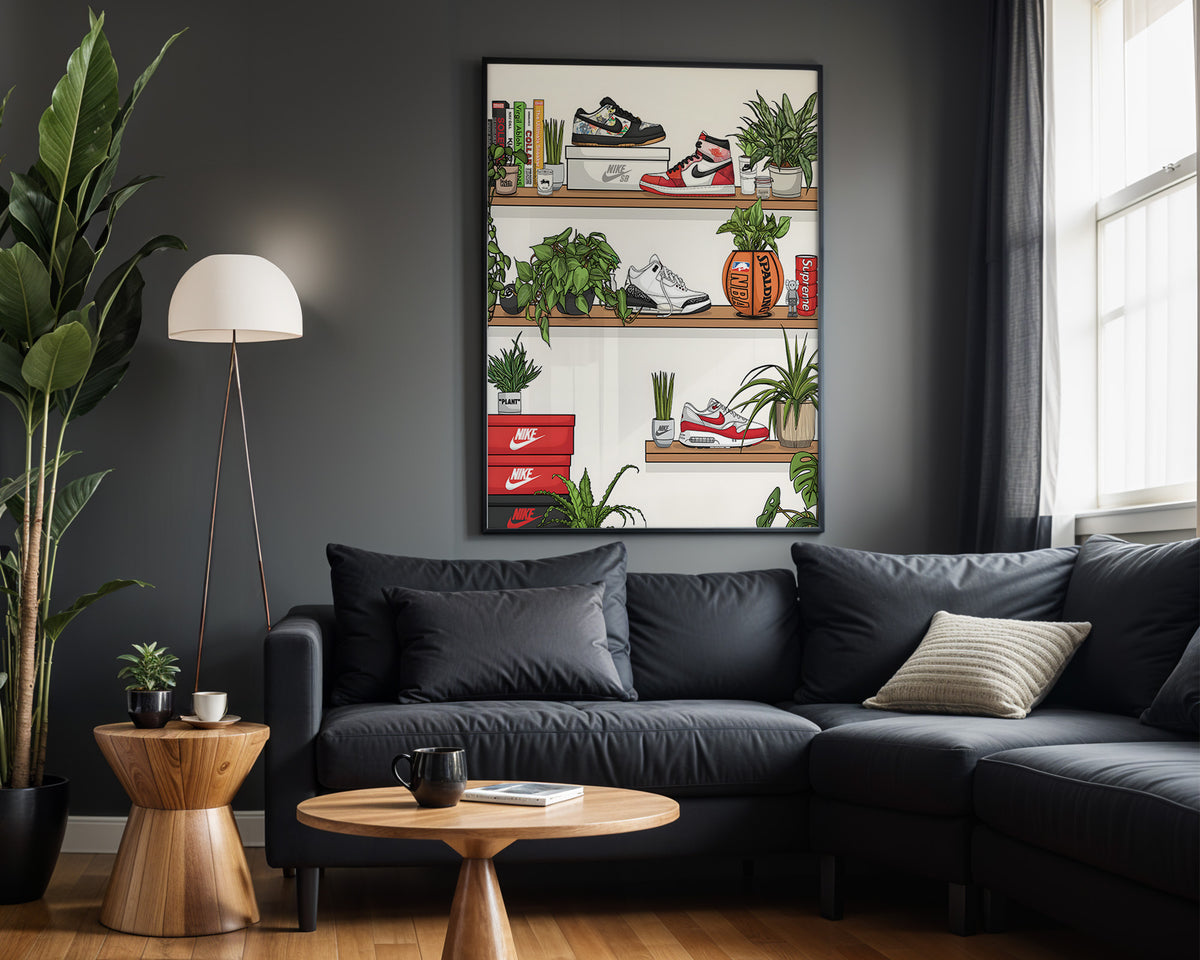 Sneaker Shelf wall art in modern living room