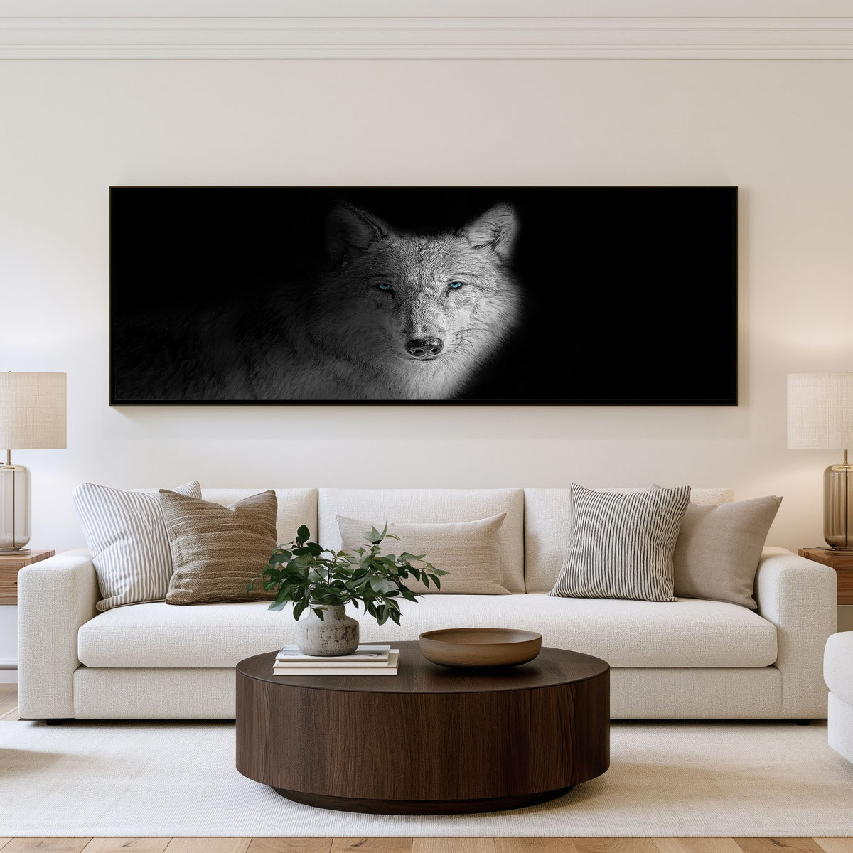 Silver Wolf Portrait Panoramic Wall Art shown in a living room
