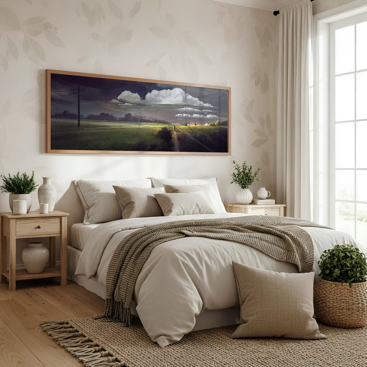Stormlight Country Panoramic Wall Art shown in a bedroom