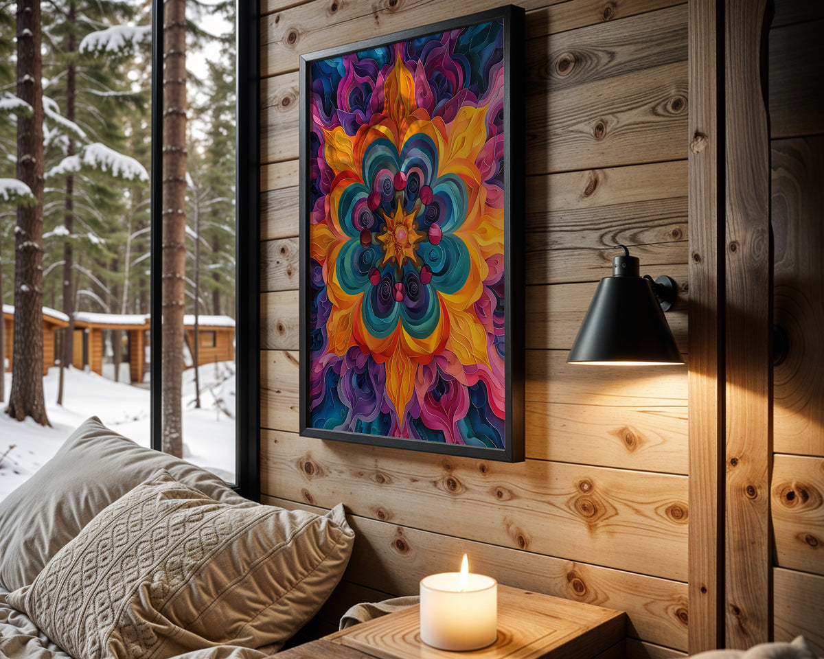 Solar Mandala psychedelic wall art – cabin room view