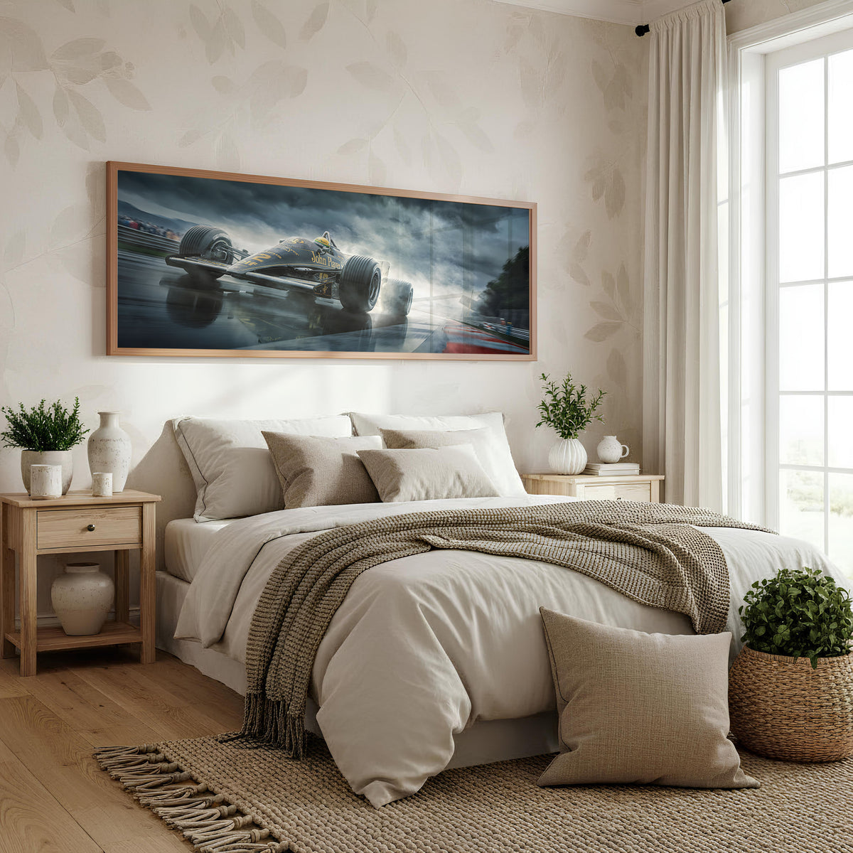 Storm Racer panoramic motorsport wall art shown in a bedroom
