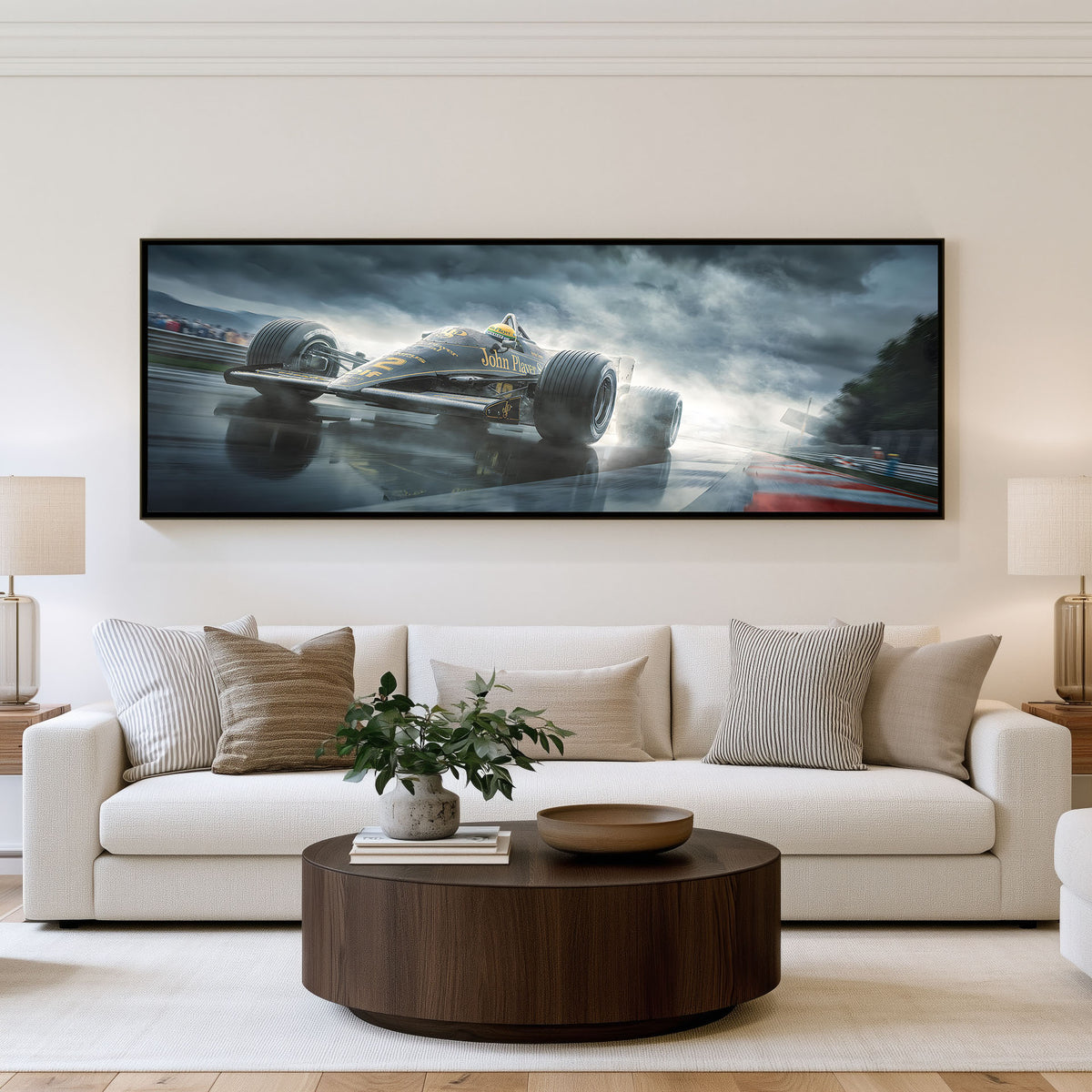 Storm Racer panoramic motorsport wall art shown in a living room