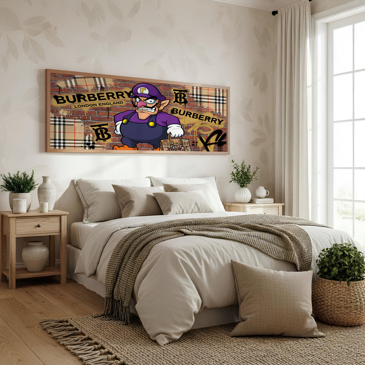 Wario Burberry Street Panoramic Wall Art shown in a bedroom