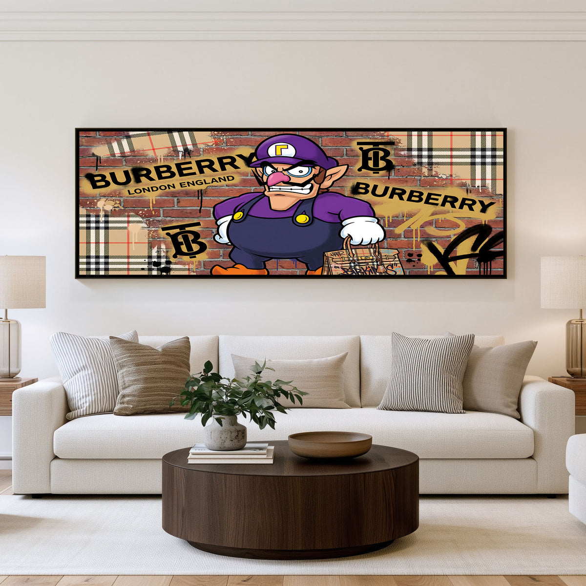 Wario Burberry Street Panoramic Wall Art shown in a living room
