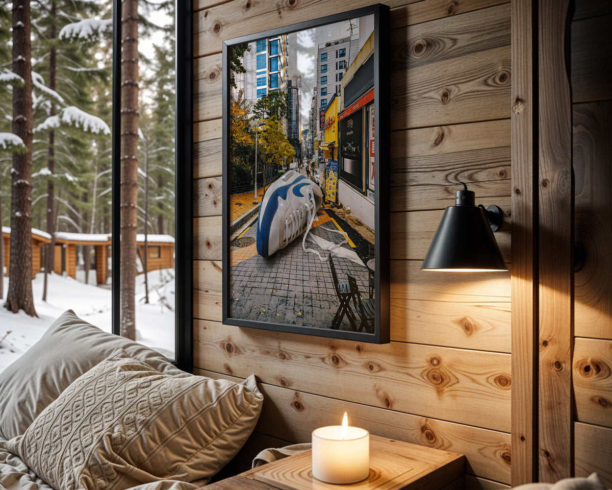 Street Giant sneaker wall art in cabin interior