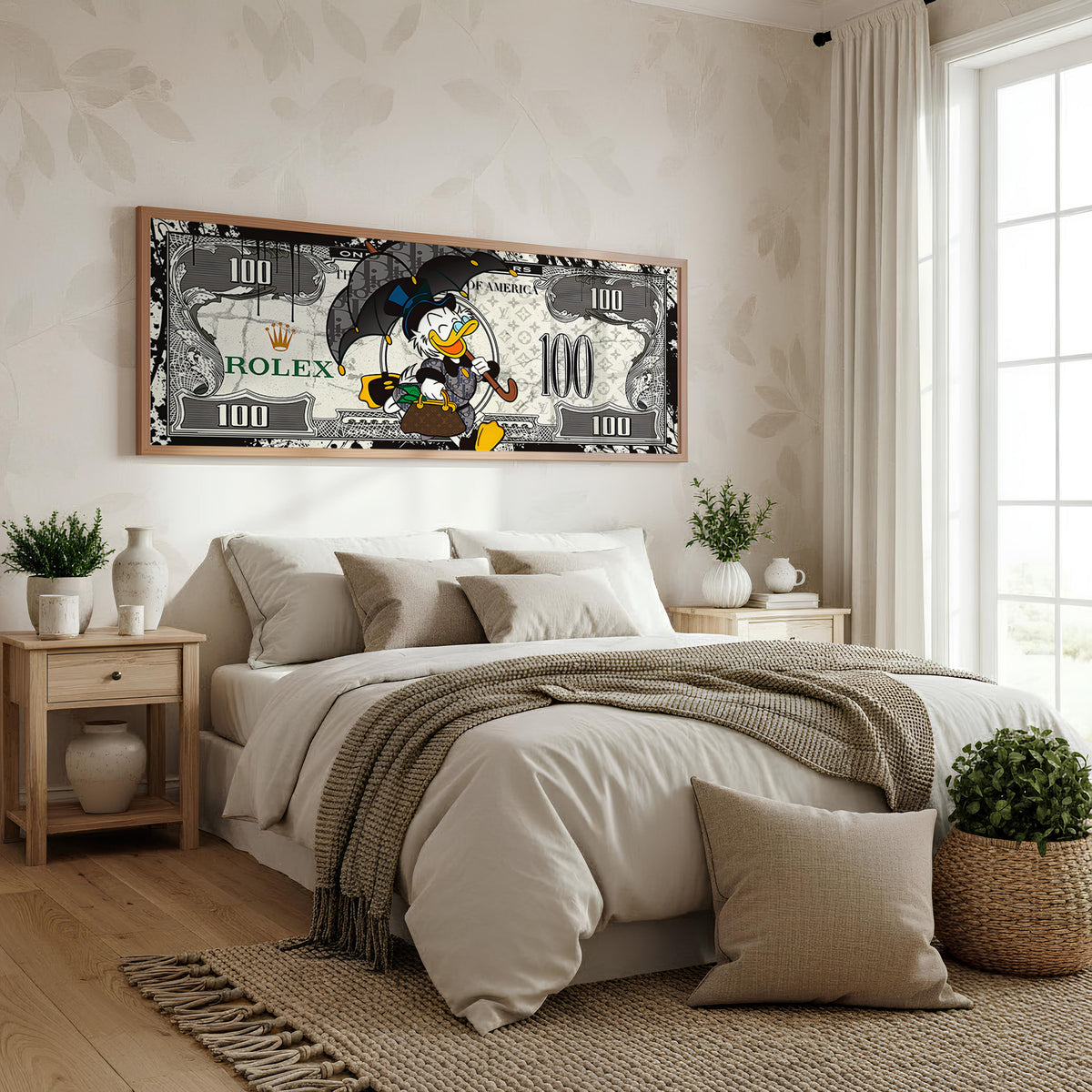 Street Money Collage panoramic wall art shown in a bedroom