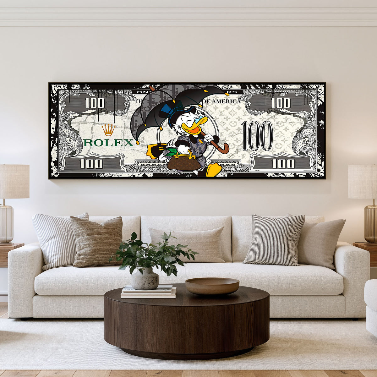 Street Money Collage panoramic wall art shown in a living room