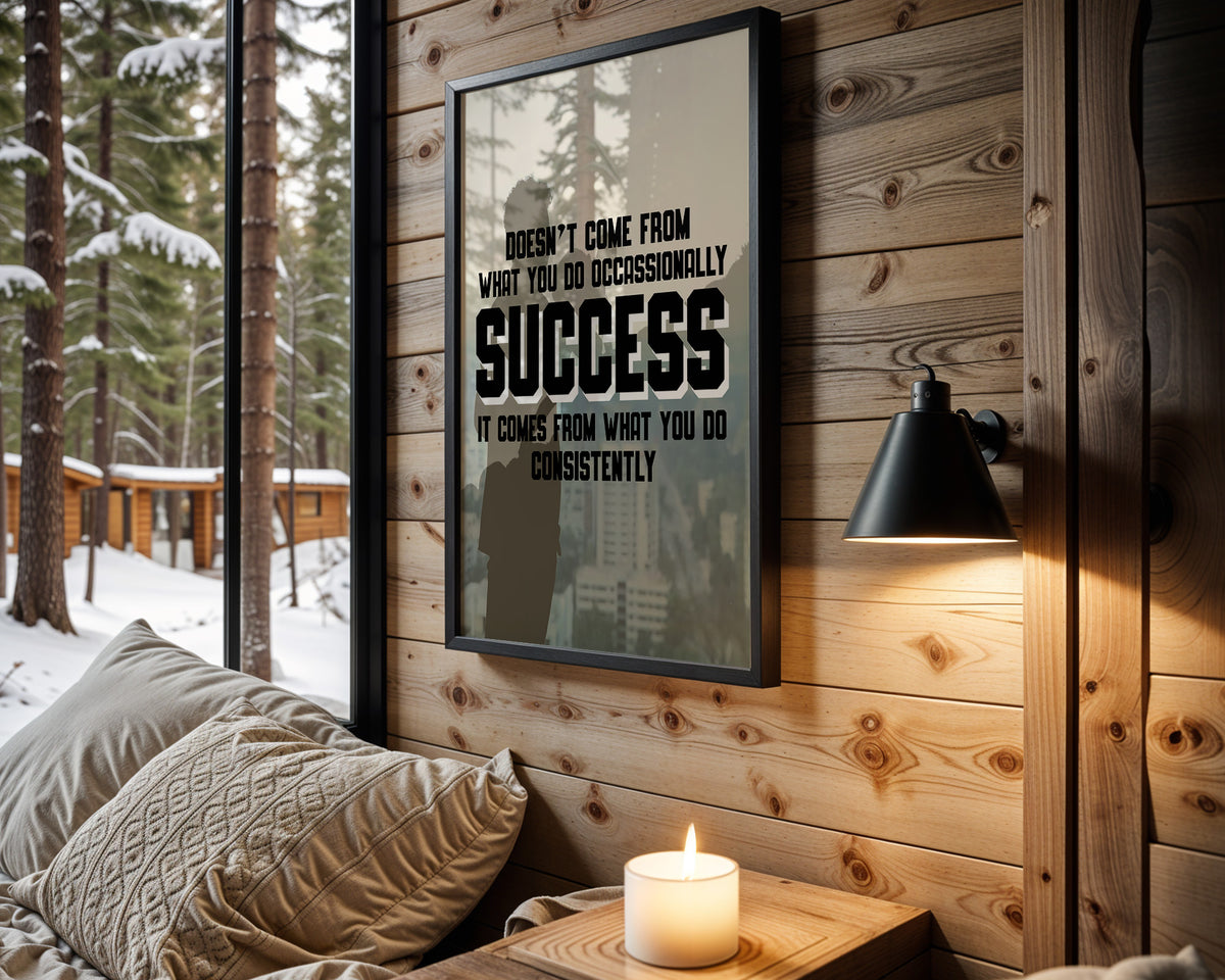 Success Begins Outside Comfort motivational wall art – main room view