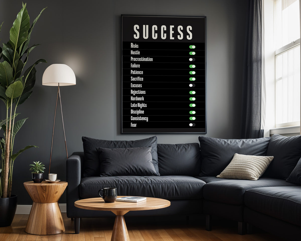Success Checklist motivational wall art – alternate room view