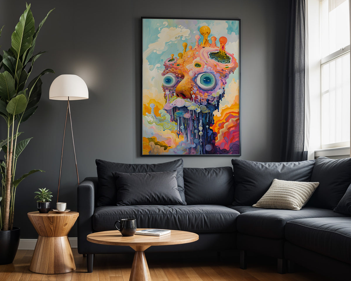 Sugar Rush Rebel psychedelic wall art – dark lounge view