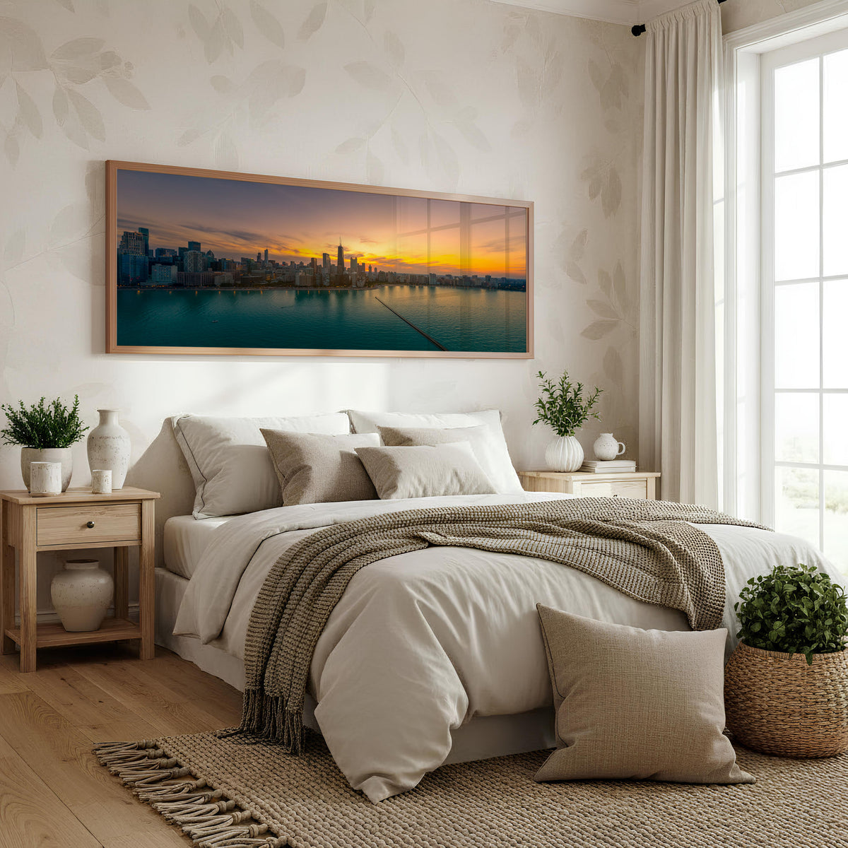 Sunset Bay Panoramic Wall Art shown in a bedroom