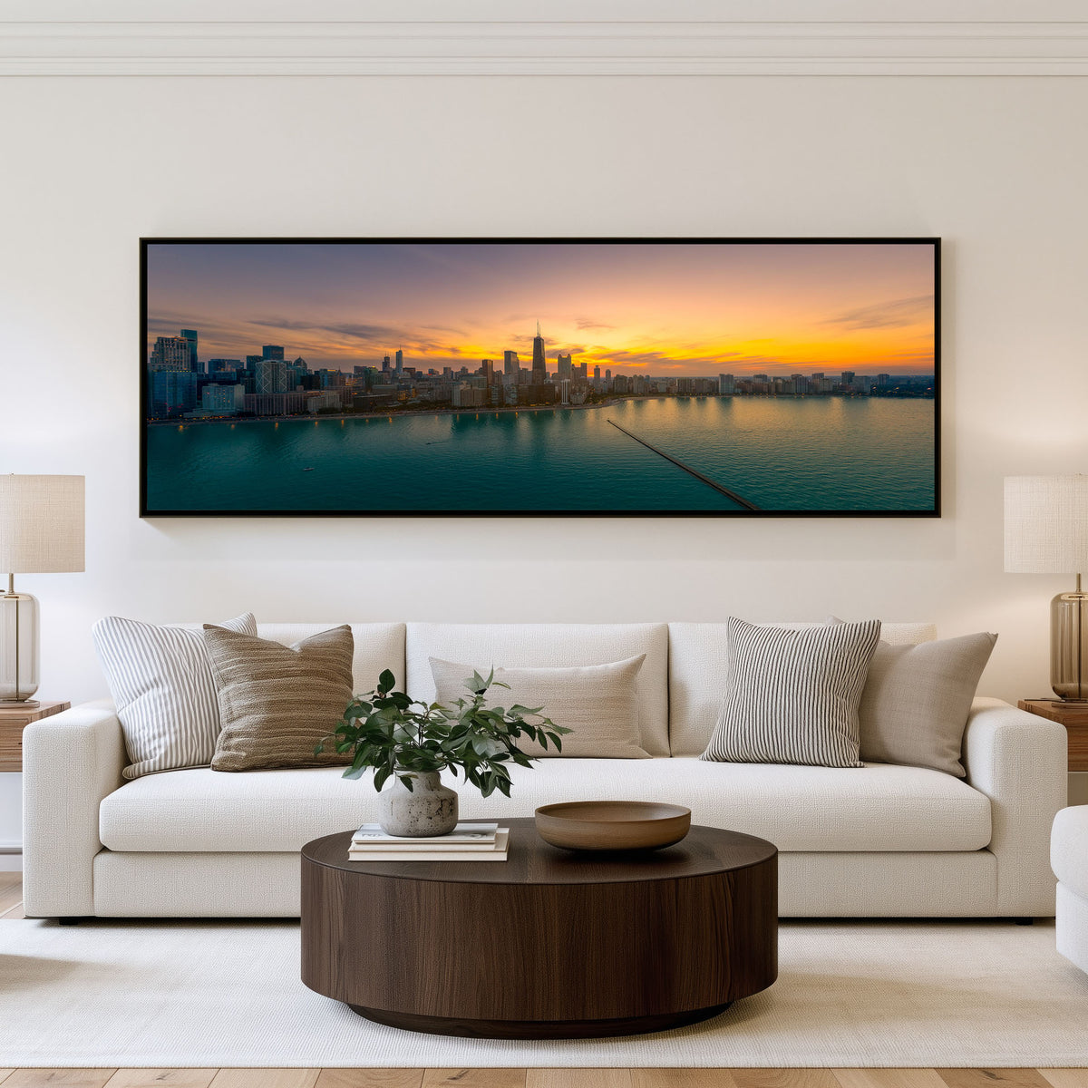 Sunset Bay Panoramic Wall Art shown in a living room