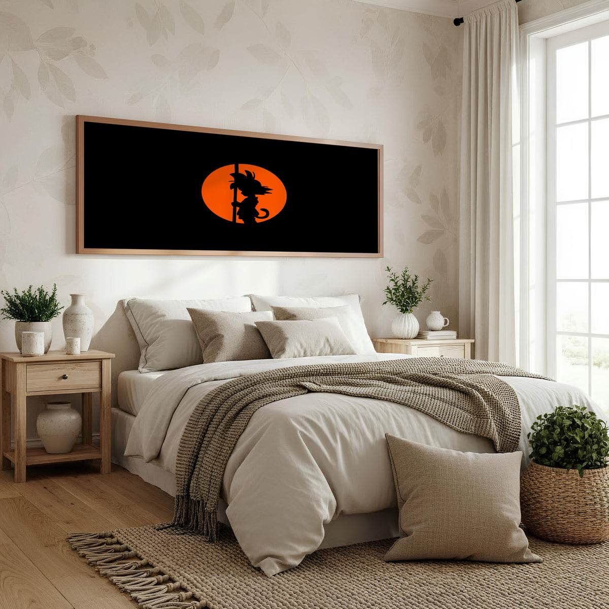 Goku Sunset Silhouette Panoramic Wall Art shown in a bedroom