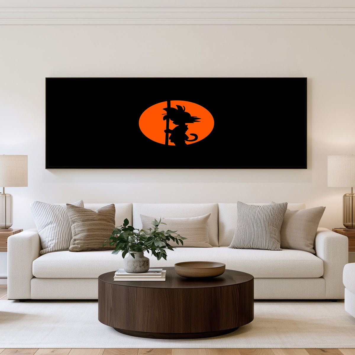 Goku Sunset Silhouette Panoramic Wall Art shown in a living room