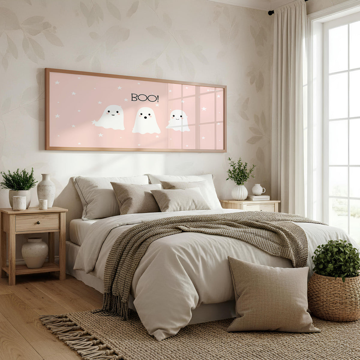 Tiny Ghost Trio Panoramic Wall Art shown in a bedroom